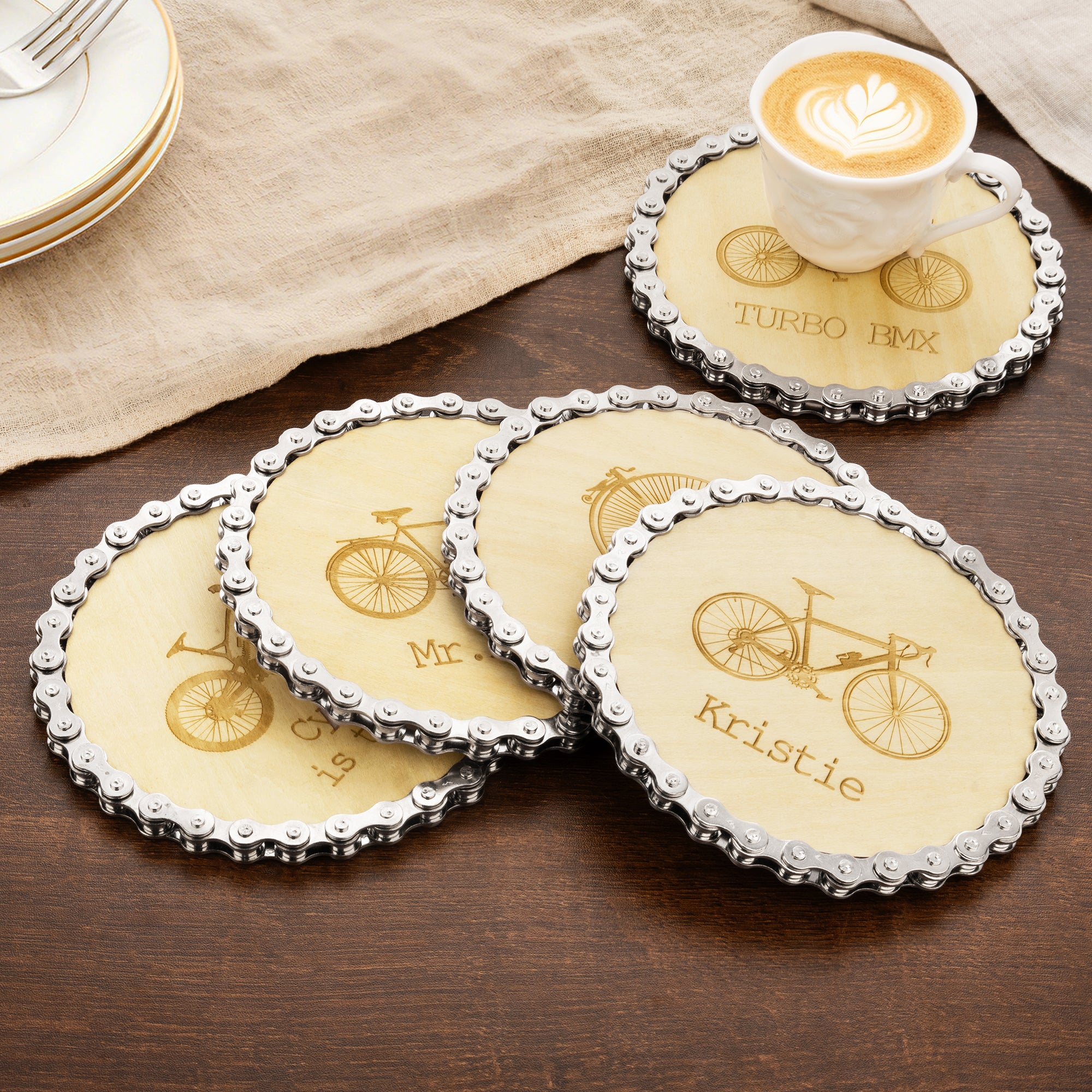 Posavasos personalizado con cadena de bicicleta grabada con texto Uso diario Regalo de cumpleaños para aficionados al ciclismo