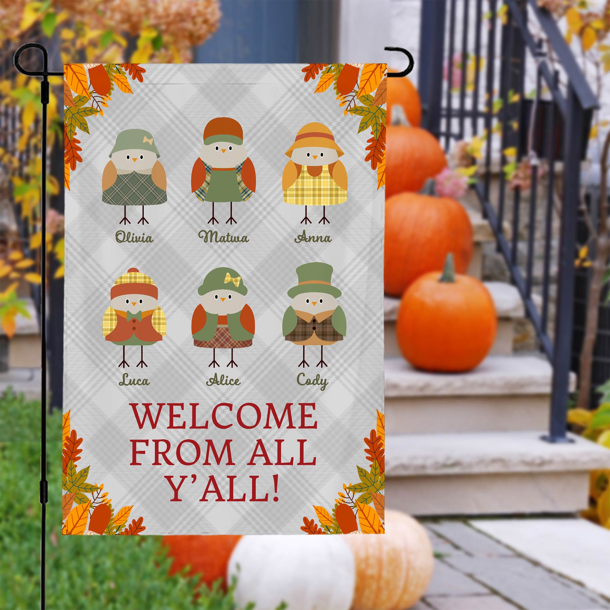 Bandera de jardín personalizada de pájaros otoñales con 1-12 nombres Decoración de jardín exterior otoñal Regalo de Acción de Gracias para un amigo de la familia