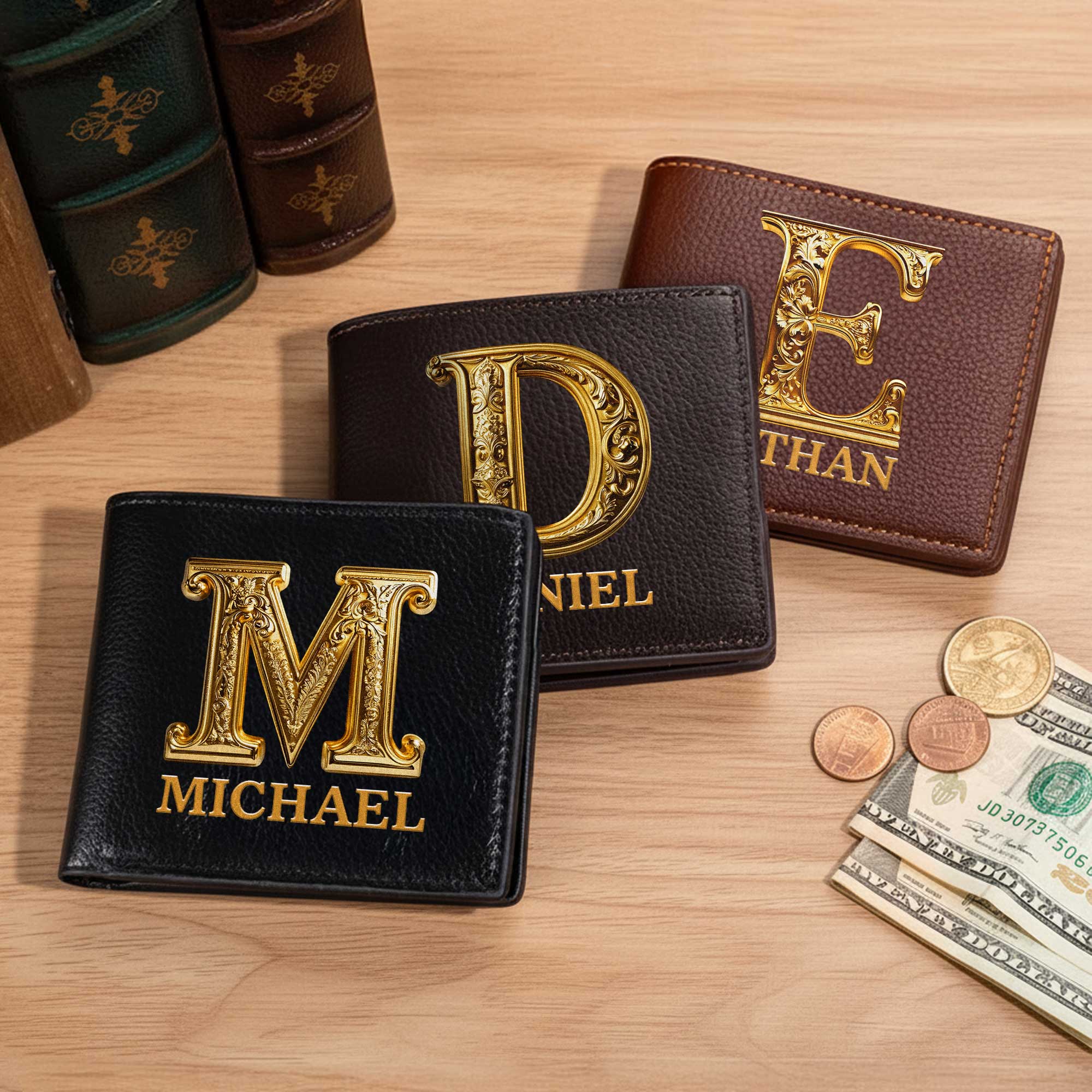 Personalizada de oro nombre y la inicial de diseño de los hombres de cuero de la PU Billetera Día del Padre Aniversario Cumpleaños Regalo para Novio Esposo Papá