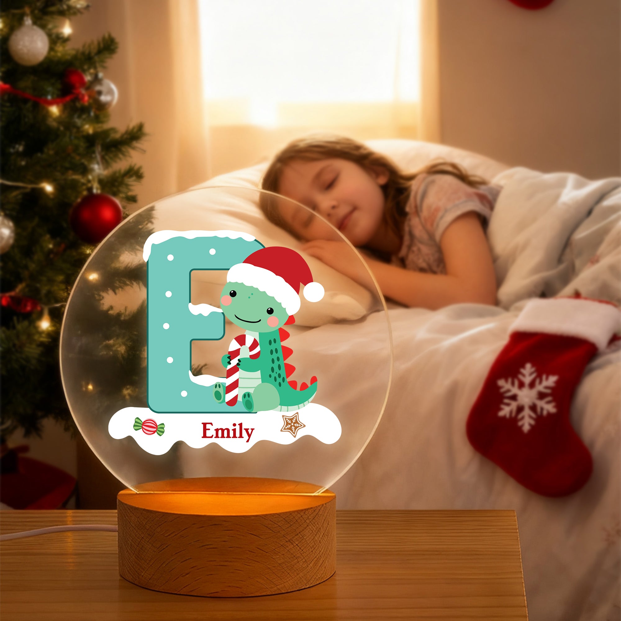 Gorro de Papá Noel Personalizado Dinosaurio Inicial LED Luz de Noche con Nombre y Base de Madera Decoración del Hogar Regalo de Navidad para Niños