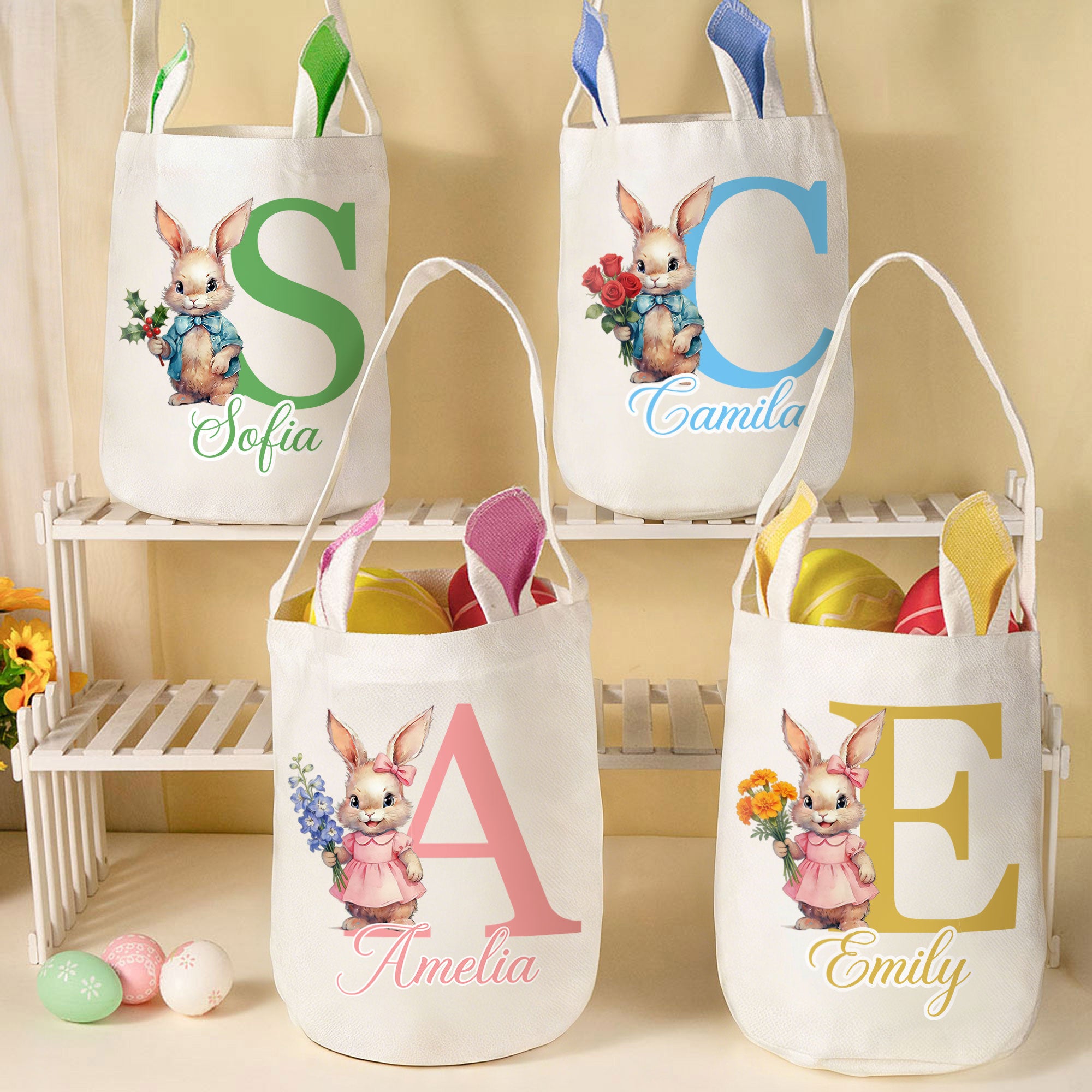 Conejito de Pascua Personalizado Flor de Nacimiento Cesta Reutilizable con Inicial del Nombre y Orejas de Conejito Fiesta de Caza de Huevos Regalo de Pascua para Niños Niñas