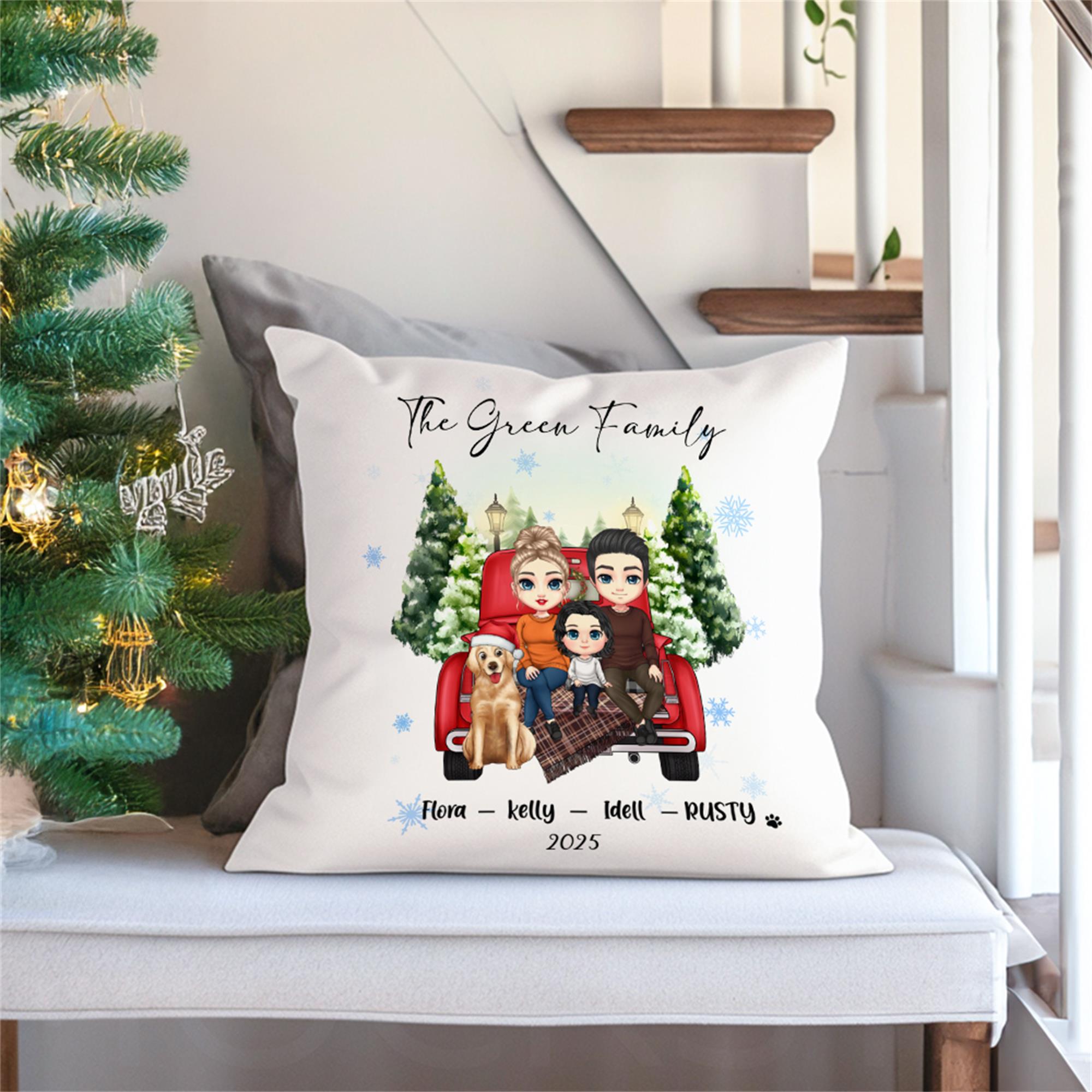 Funda de almohada personalizada con el nombre y el año de la familia de dibujos animados Decoración del hogar Cumpleaños Aniversario Regalo de Navidad para la familia