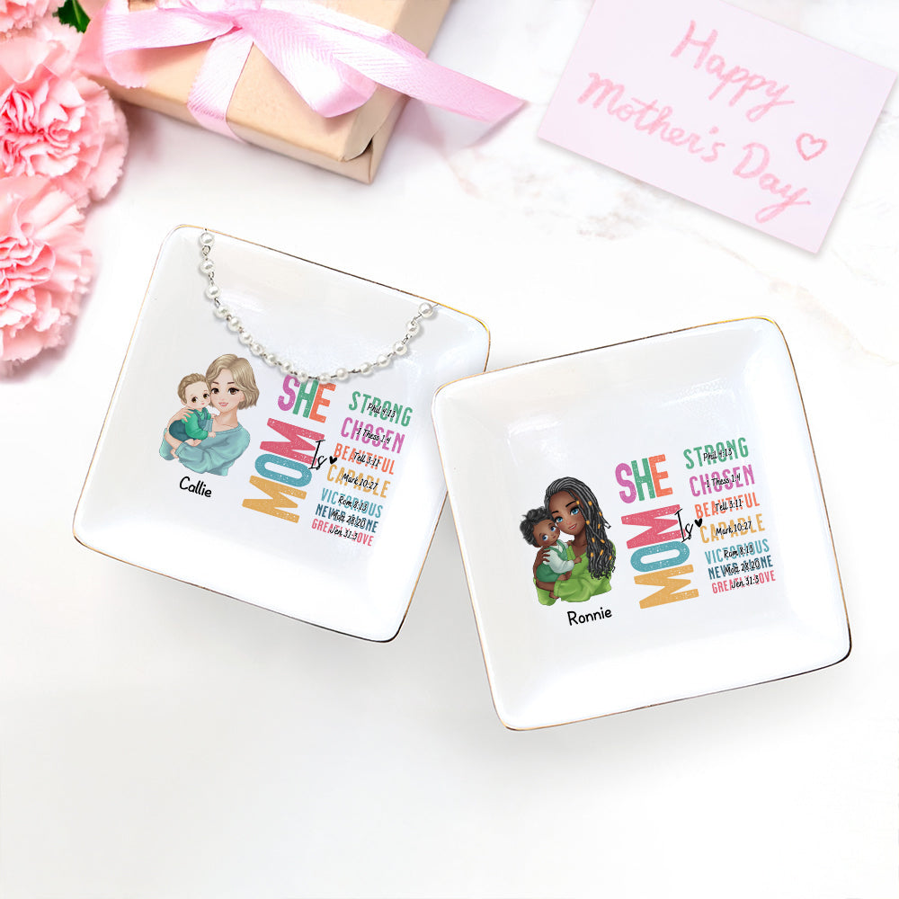 Personalizada de dibujos animados mamá sosteniendo bebé versículo de la Biblia de cerámica baratija joyería plato con nombre Decoración del Hogar Cumpleaños Día de la Madre de regalo para mamá Mujeres