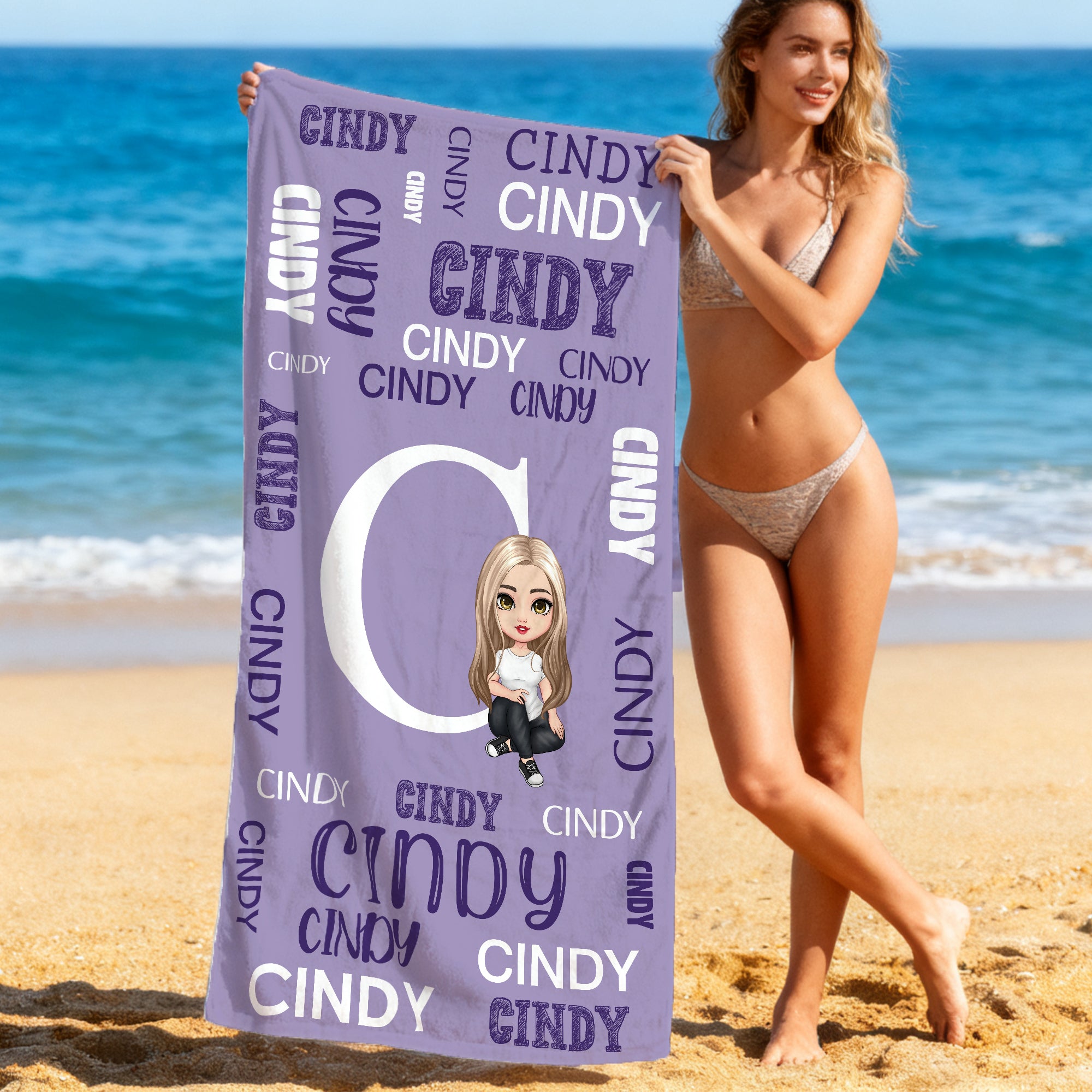 Nube de palabras personalizada Personaje de dibujos animados Multicolor Toalla de playa de microfibra de secado rápido con nombre Esenciales de viaje Regalo de cumpleaños para la familia