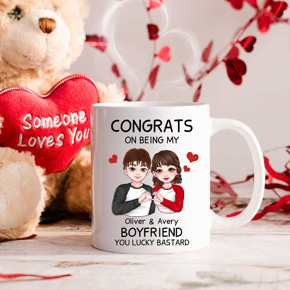 Taza personalizada con el nombre del personaje de dibujos animados Congrats on Being My Regalo de San Valentín Aniversario para parejas
