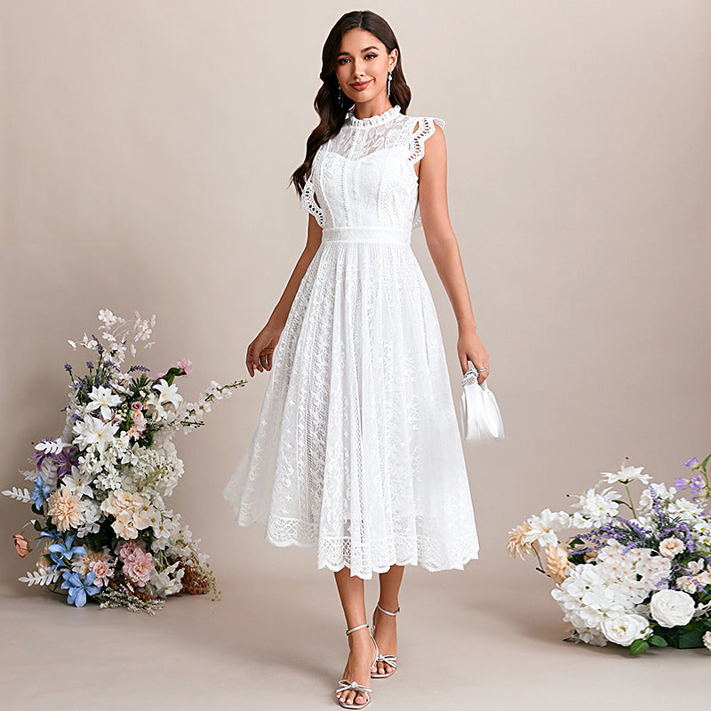 Bridal Wedding Dress White Flutter Sleeve Asymmetrical High Neck A-line Lace