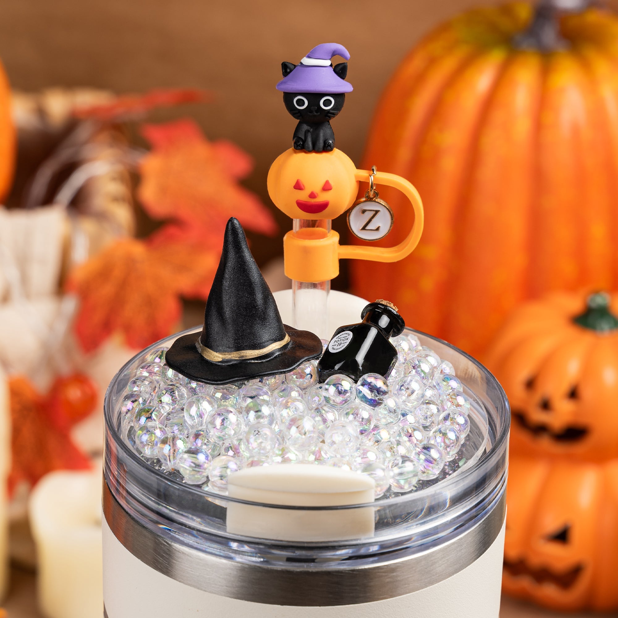 Personalizado sombrero de bruja calabaza fantasma burbuja inicial pajita Topper y tapa Topper para 20 oz a 40 oz Vaso Accesorio Halloween Regalo para la familia amigo