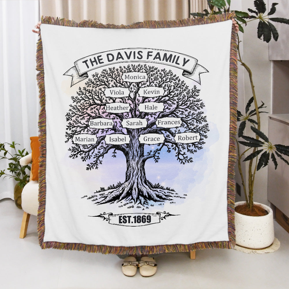 Árbol genealógico personalizado Borla Manta suave con nombre Año y texto Cumpleaños Aniversario Regalo para la familia