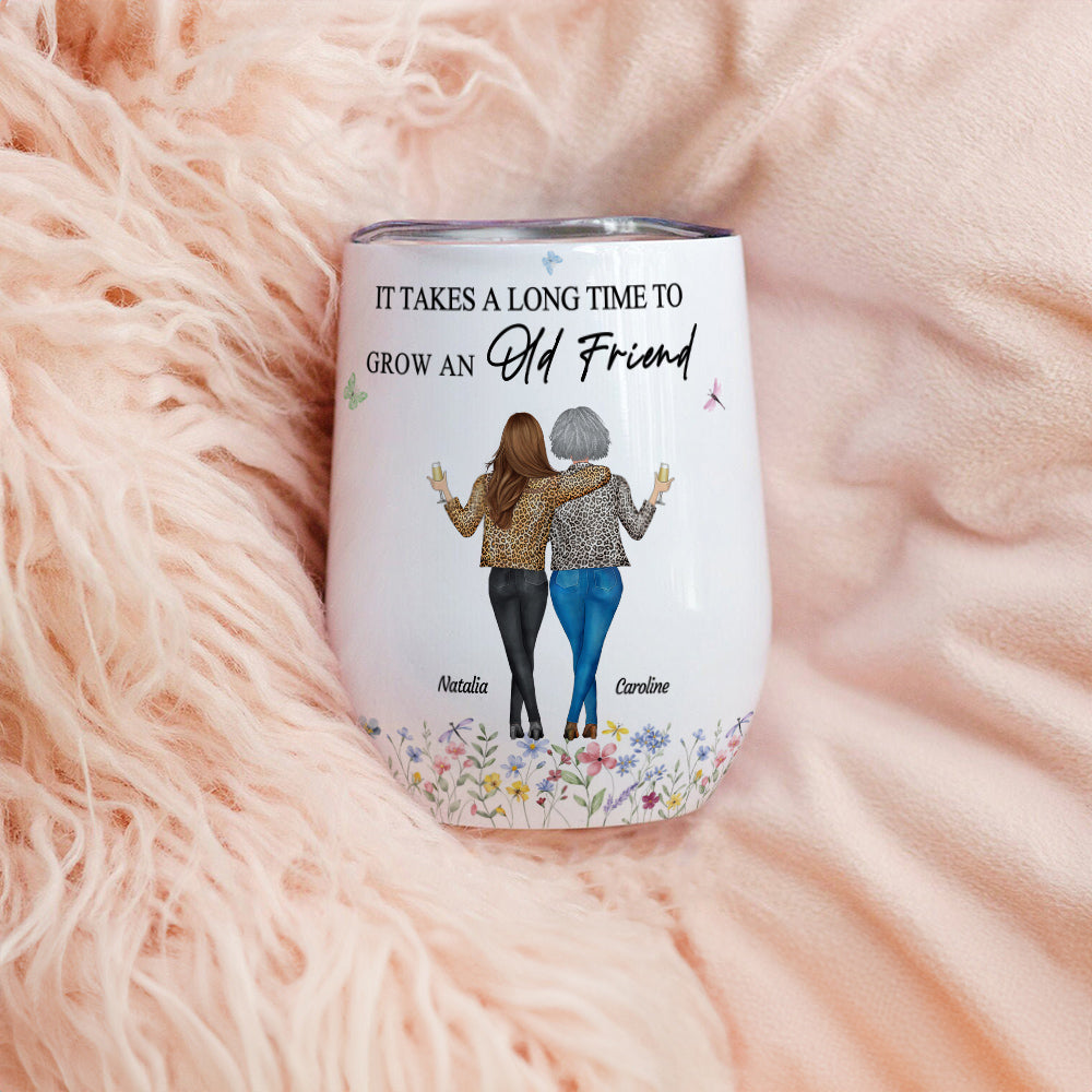 Personalizado 2-4 Leopardo Besties Back View Floral 12 oz Vaso de Vino con Tapa y Nombres Amistad Regalo de Cumpleaños para Amigos