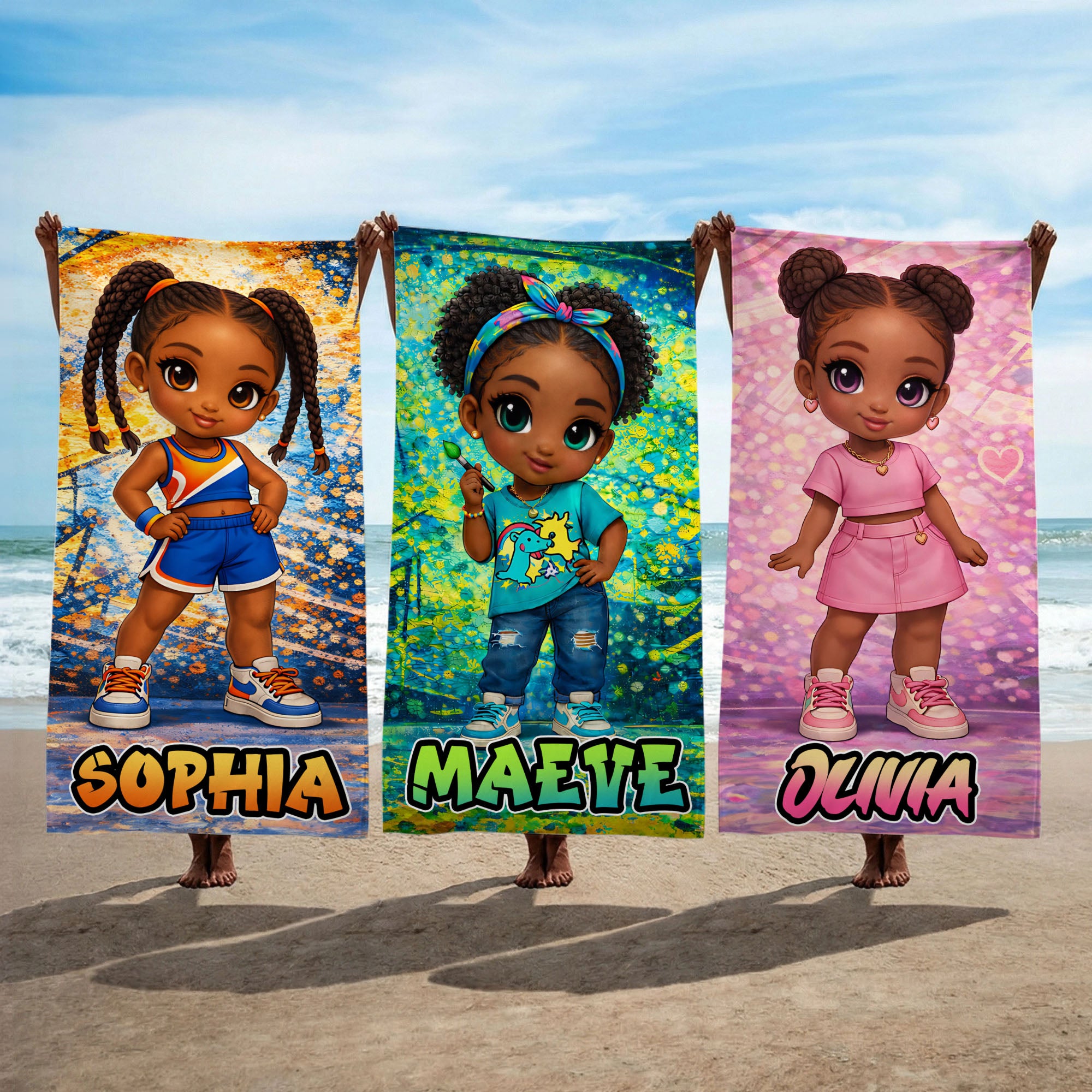 Toalla de playa de gran tamaño de secado rápido con nombre para chica negra de dibujos animados Graffiti Regalo de cumpleaños para chica amante del graffiti