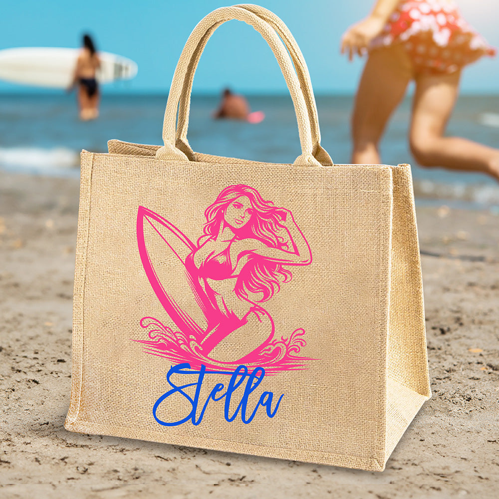 Personalizado Multicolor Océano Surf Chica Grande Bolsa de Yute con Nombre Fiesta en la Playa Accesorios de Viaje Regalo de Cumpleaños para Mujeres Amantes del Surf