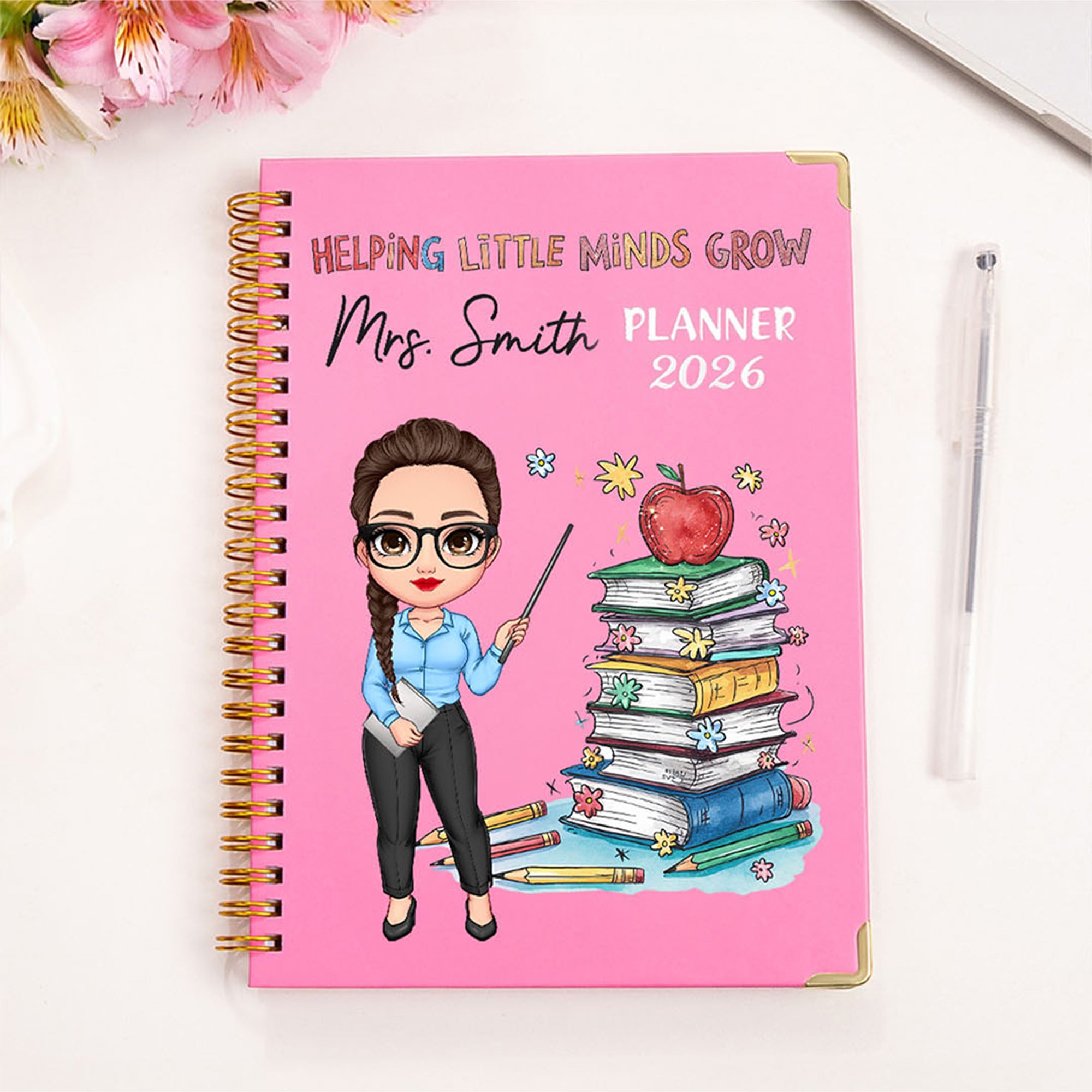 Libros personalizados Apple Cartoon Enseñanza de caracteres 2026 Planificador Nombre A5 cuaderno con páginas de planificación semanal Día del Maestro Regalo de cumpleaños para los maestros