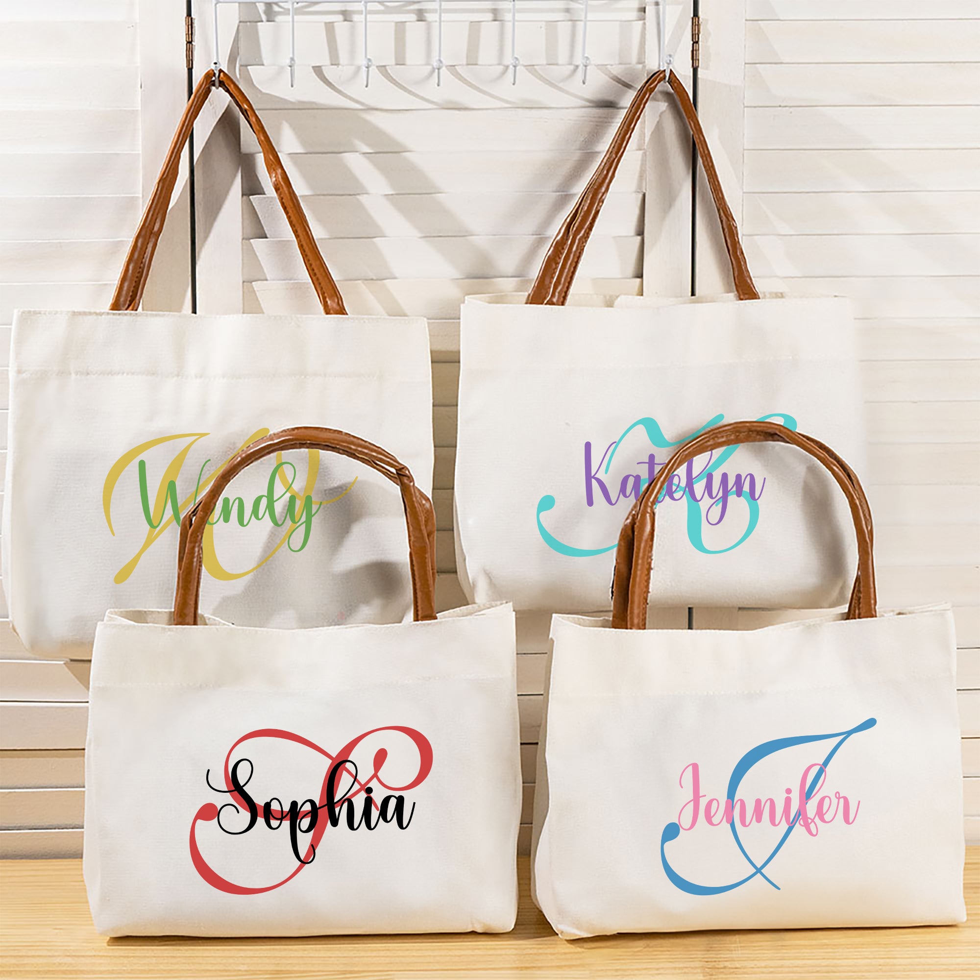 Personalizado Nombre Inicial Bolsa de lona con asa de cuero de la PU Cumpleaños Día de la Madre de regalo para las mujeres niñas