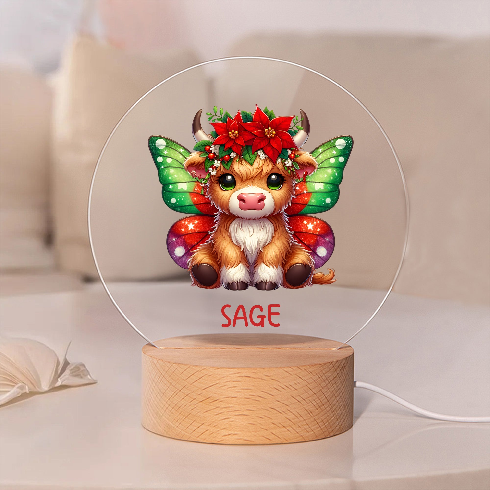 Vaca de las Tierras Altas Personalizada Flor de Nacimiento LED Luz de Noche Redonda con Base de Madera y Nombre Decoración de Habitación Regalo de Cumpleaños para Niña