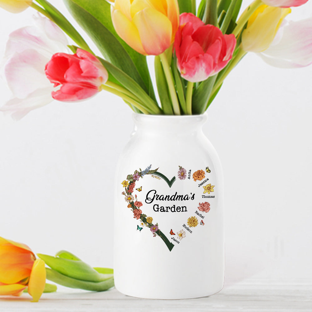 Personalizado Corazón Nacimiento Flor Jardín Florero de cerámica con el título y 1-6 Nombres Cumpleaños Día de la Madre Regalo para Mamá Abuela Familia