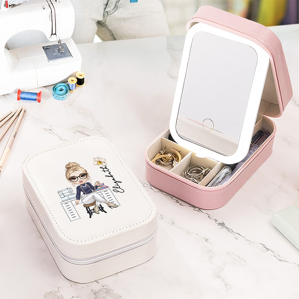 Personalizado de nacimiento de flores de dibujos animados niña de cuero joyero con LED de tres colores espejo de maquillaje de viaje esencial regalo de cumpleaños para las mujeres amantes de la costur