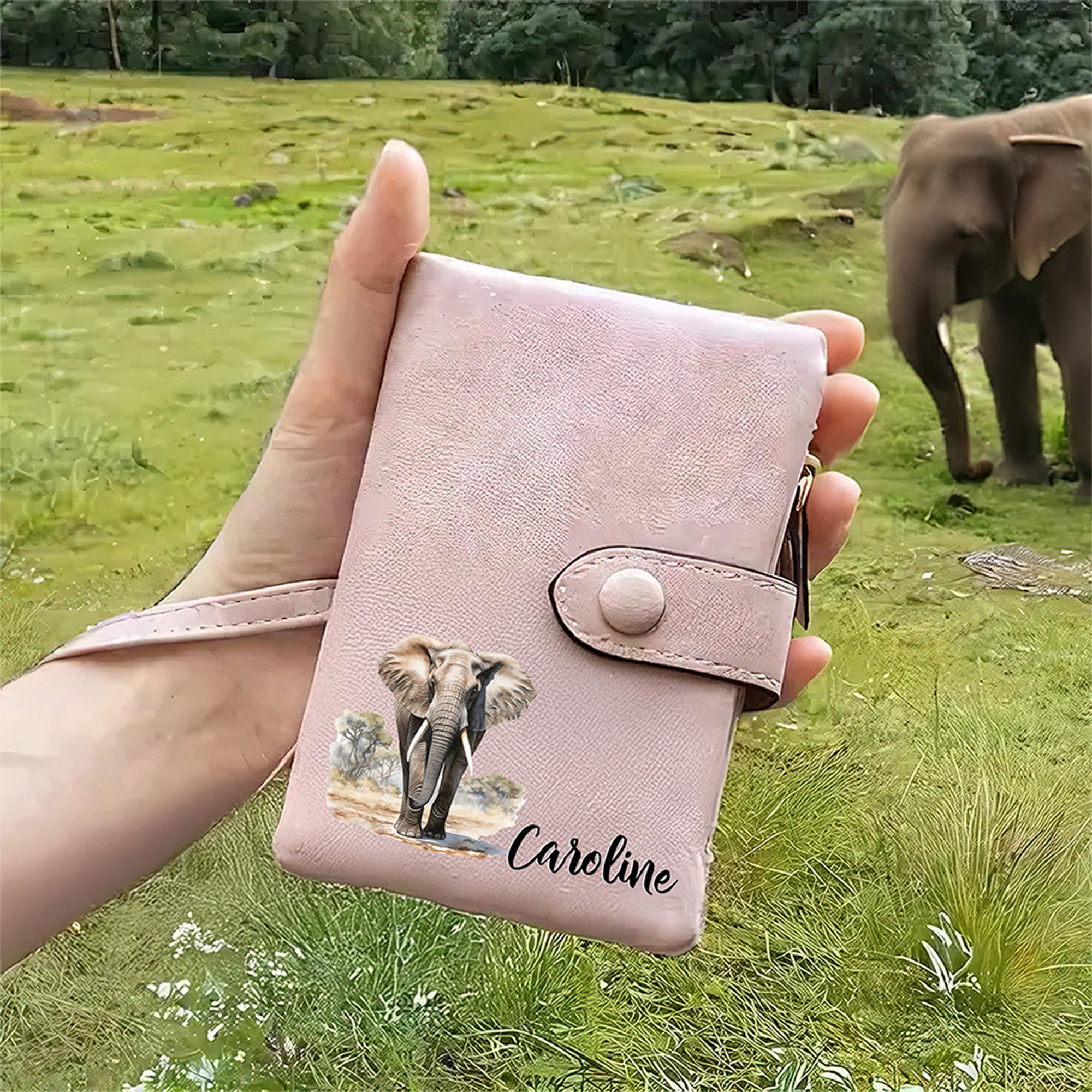 Acuarela personalizada Elefante Salvaje Cartera de cuero de PU con ranuras para tarjetas y nombre Cumpleaños Aniversario Regalo de viaje para la familia Amigos