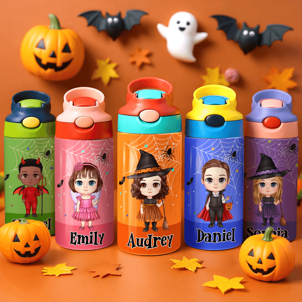 Personaje de dibujos animados personalizado Bruja Vampiro Calabaza Nombre 12 oz Kid aislado Botella de agua con asa y pajita de silicona Regalo de Halloween para los niños