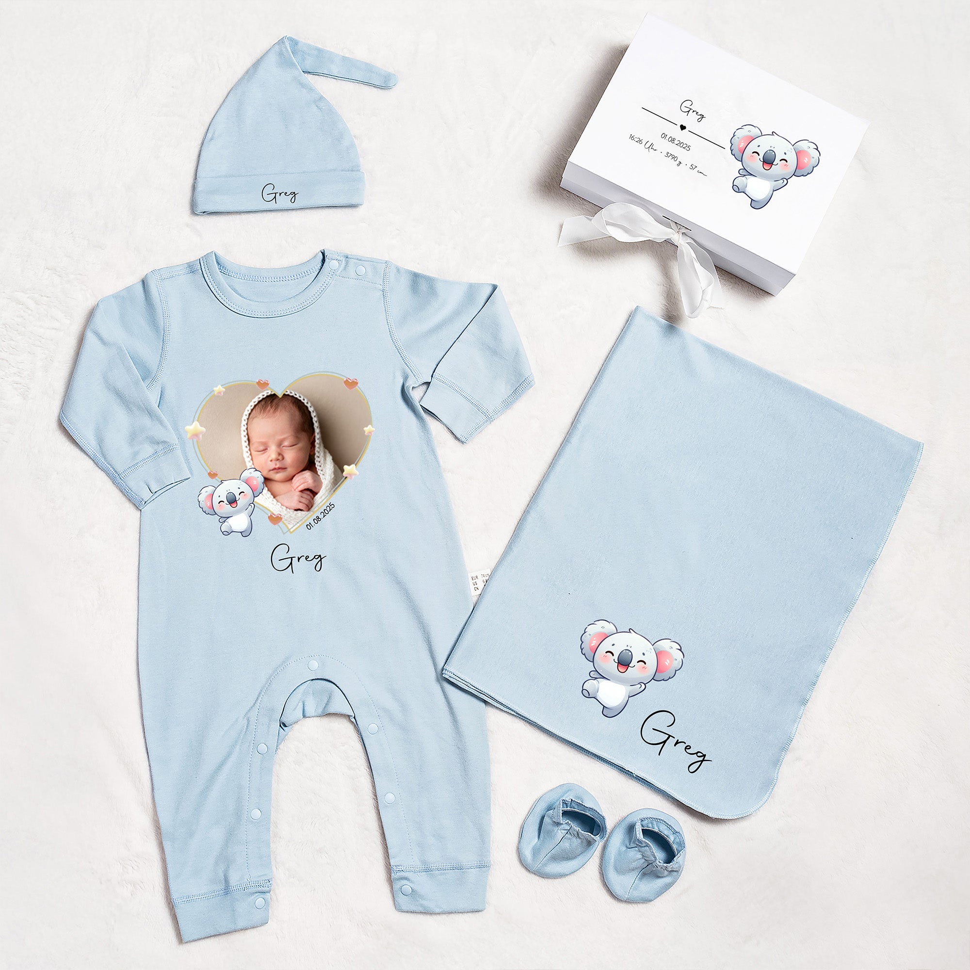 Animales personalizados 100% algodón Foto bebé Romper sombrero manta traje con caja de regalo Nombre Año Coming Home Baby Shower Regalo para recién nacido