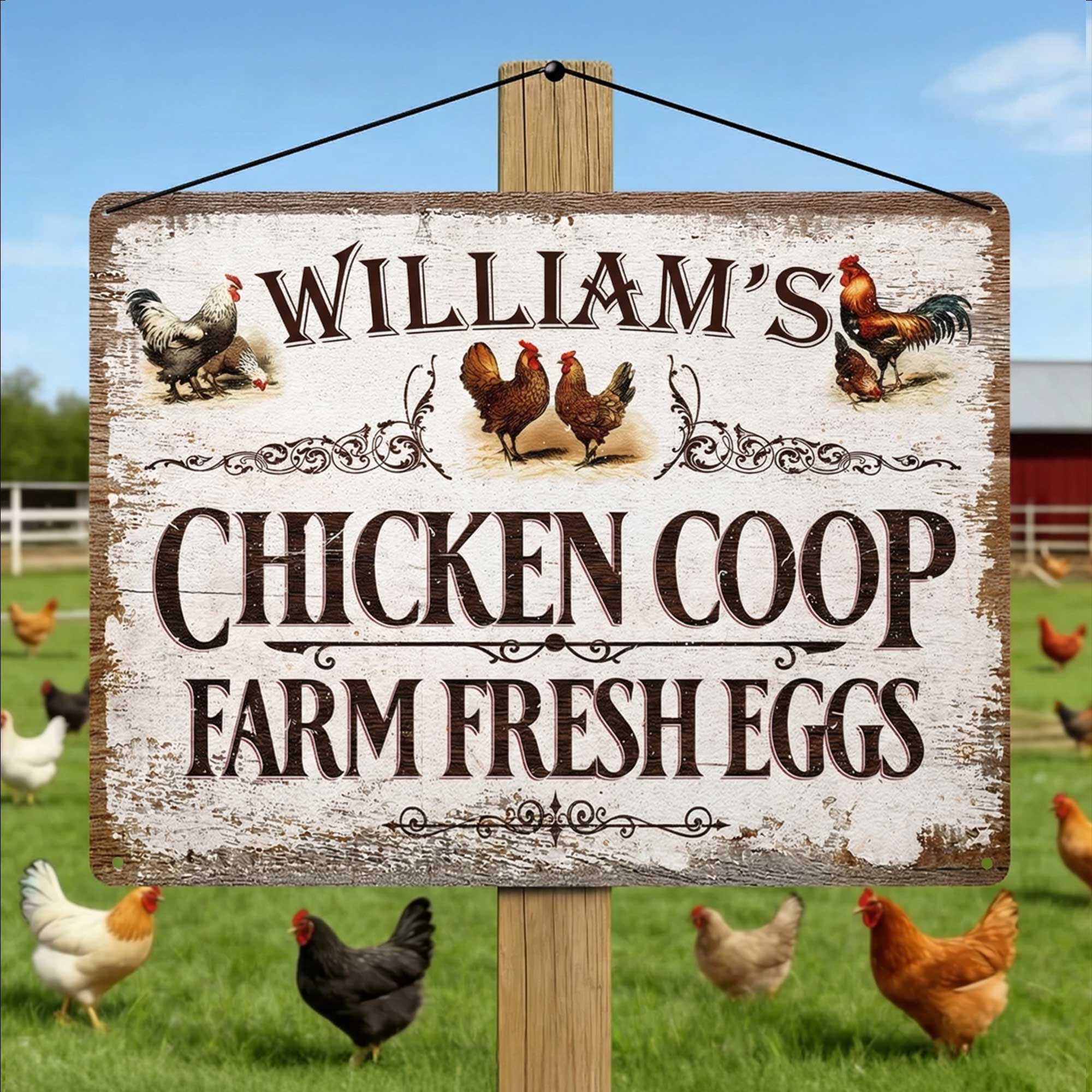 Gallinero personalizado Huevos frescos de granja Letrero metálico vintage con nombre Uso diario Regalo de cumpleaños para el propietario de una granja de pollos