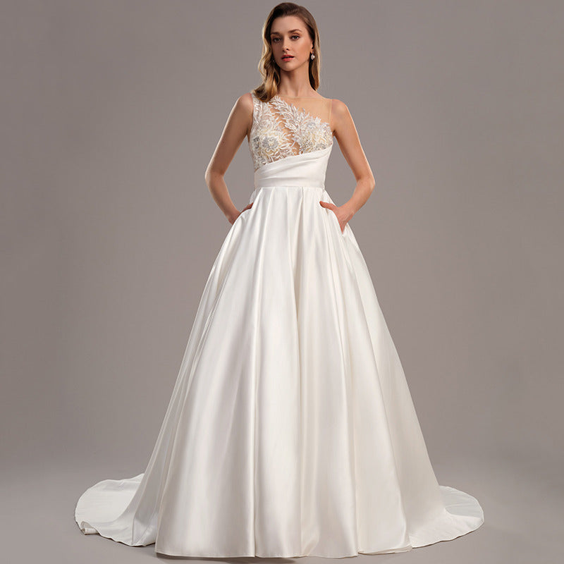 Bridal Wedding Dress Ivory Sleeveless Long Illusion Ball-Gown Princess