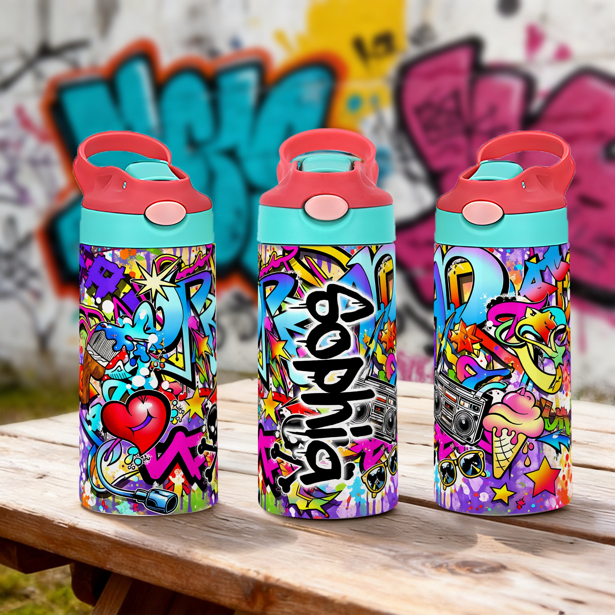 Botella isotérmica de agua para niños con nombre y pajita personalizada estilo graffiti 12 oz Regalo de cumpleaños de vuelta al cole para niños niñas