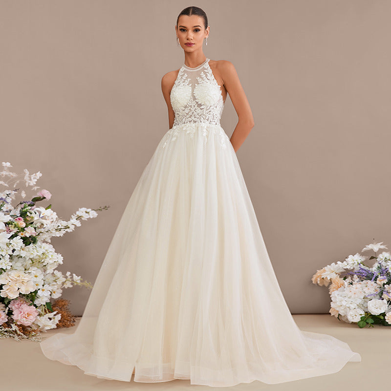 Bridal Wedding Dress Ivory-Cream Sleeveless Long Halter A-line