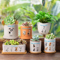 Maceta de cerámica con orificio de drenaje y base de bambú Personalizada 1-6 Mascotas de dibujos animados en 3D Regalo de cumpleaños para amantes de las mascotas
