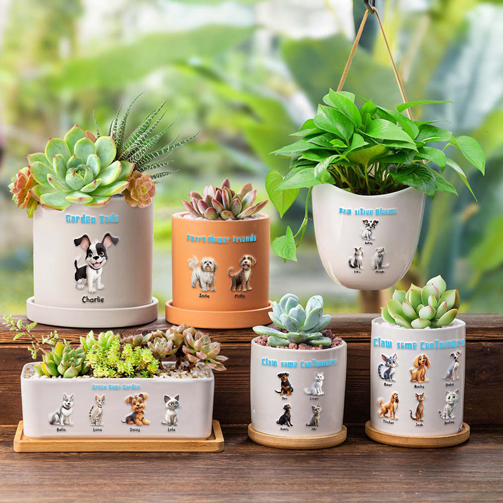 Maceta de cerámica con orificio de drenaje y base de bambú Personalizada 1-6 Mascotas de dibujos animados en 3D Regalo de cumpleaños para amantes de las mascotas