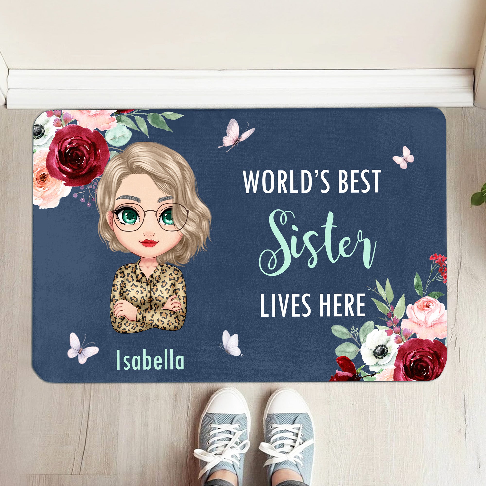 Felpudo antideslizante personalizado con título y nombre Flor de acuarela Personaje de dibujos animados Decoración del hogar Regalo del Día de la Madre para mamá Abuela
