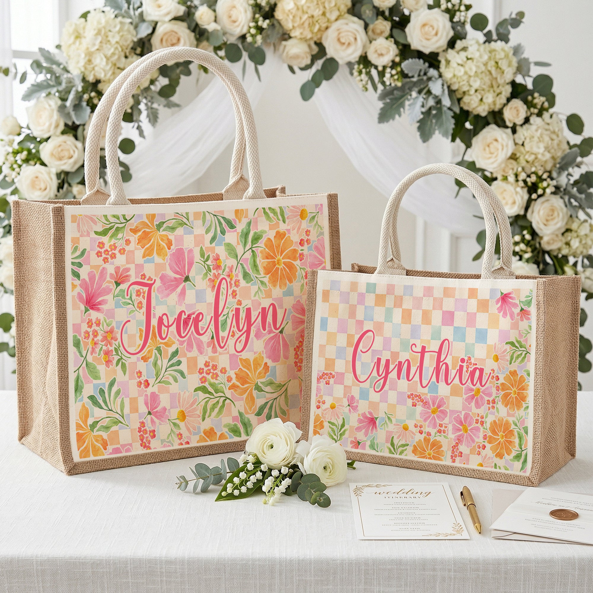 Bolsa de yute grande con nombre para regalo de cumpleaños de Día de la Madre para mujer, con flores personalizadas y diseño de cuadros de colores