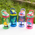 Botella de agua personalizada con nombre, pajita y asa, de un simpático dinosaurio de dibujos animados, para la vuelta al cole, el cumpleaños o las vacaciones, para niños o niñas.