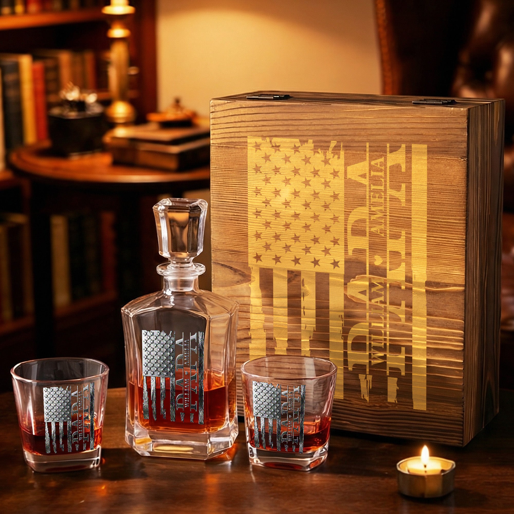 Decantador de Whisky Vintage Personalizado con la Bandera Americana y 1-6 Nombres Regalo de Cumpleaños para el Día del Padre para los Amantes del Licor Hombres