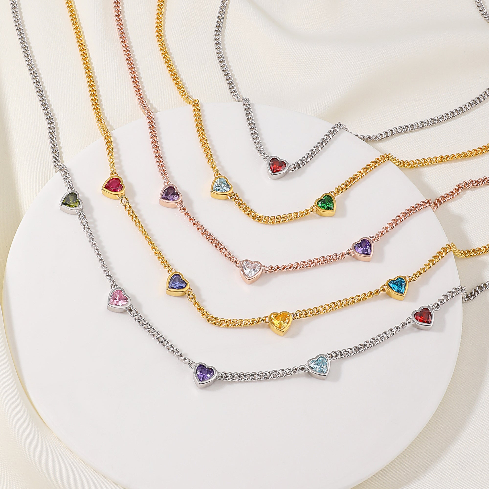 Personalizado 1-5 en forma de corazón Birthstones Collar Exquisita Joyería Día de la Madre Cumpleaños Aniversario de regalo para las mujeres