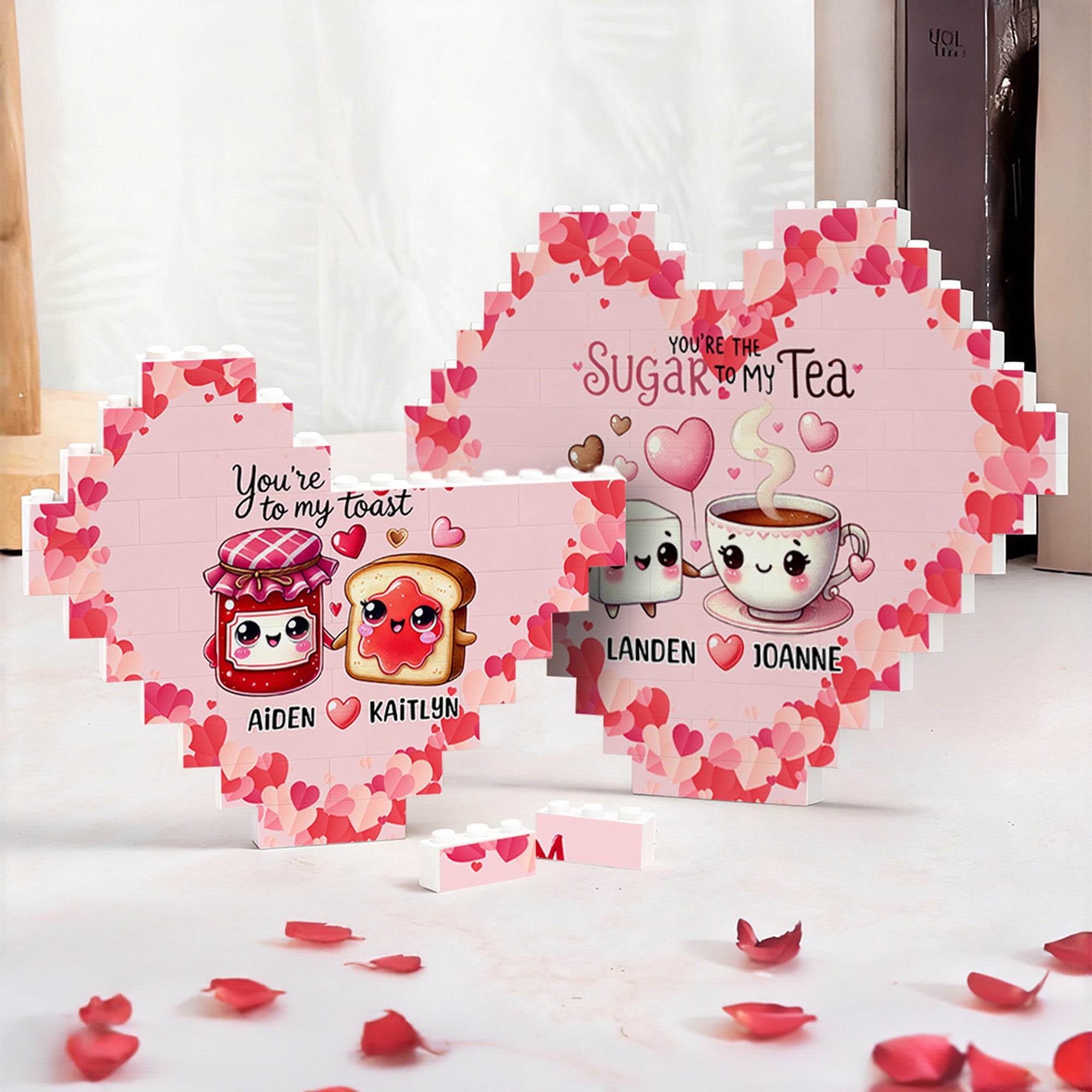 Personalizado de dibujos animados de alimentos de la pareja del corazón rompecabezas de bloques de construcción con el nombre del Día de San Valentín Aniversario de regalo para la pareja