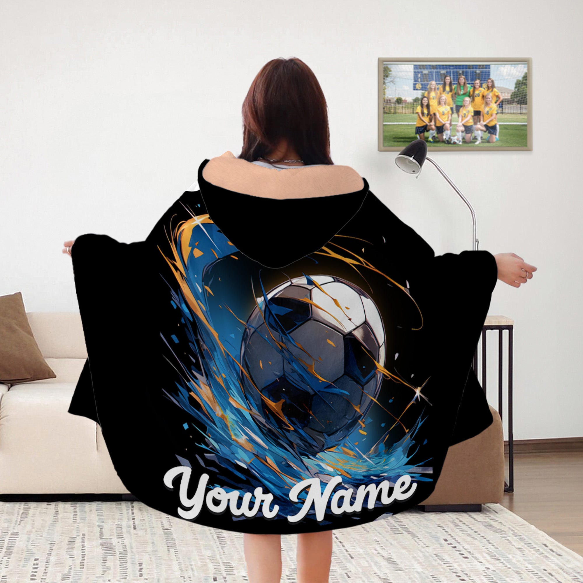 Manta con capucha dinámica de fútbol personalizada con nombre Decoración del hogar Regalo de cumpleaños para niños amantes del fútbol
