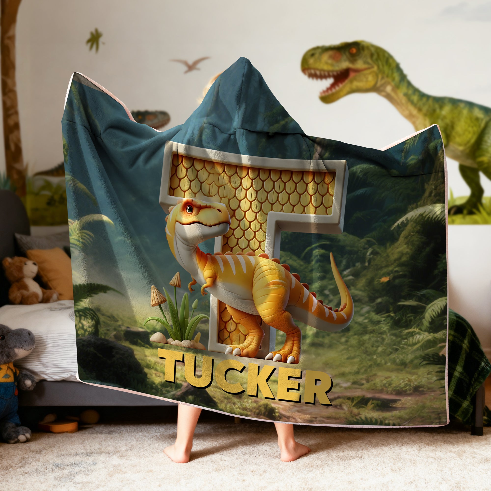 Personalizada Fantasía Unicornio Dinosaurio Diseño Inicial Manta Suave con Capucha y Nombre Decoración del Hogar Regalo de Cumpleaños para Niños Familia