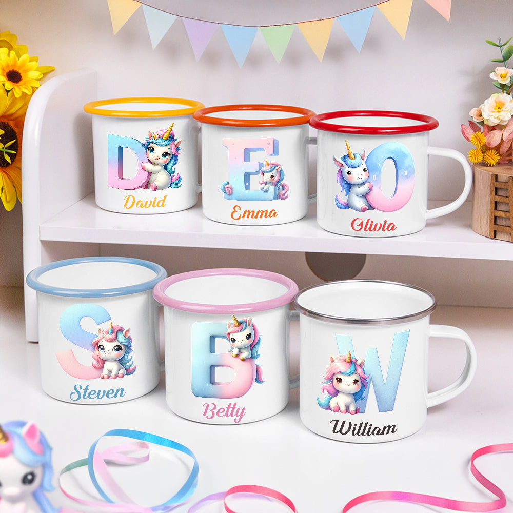 Personalizada Fantasía Unicornio Gradiente Inicial 12 oz borde de color Taza de esmalte con nombre Cumpleaños Día de los Niños Regalo para Niñas Niños