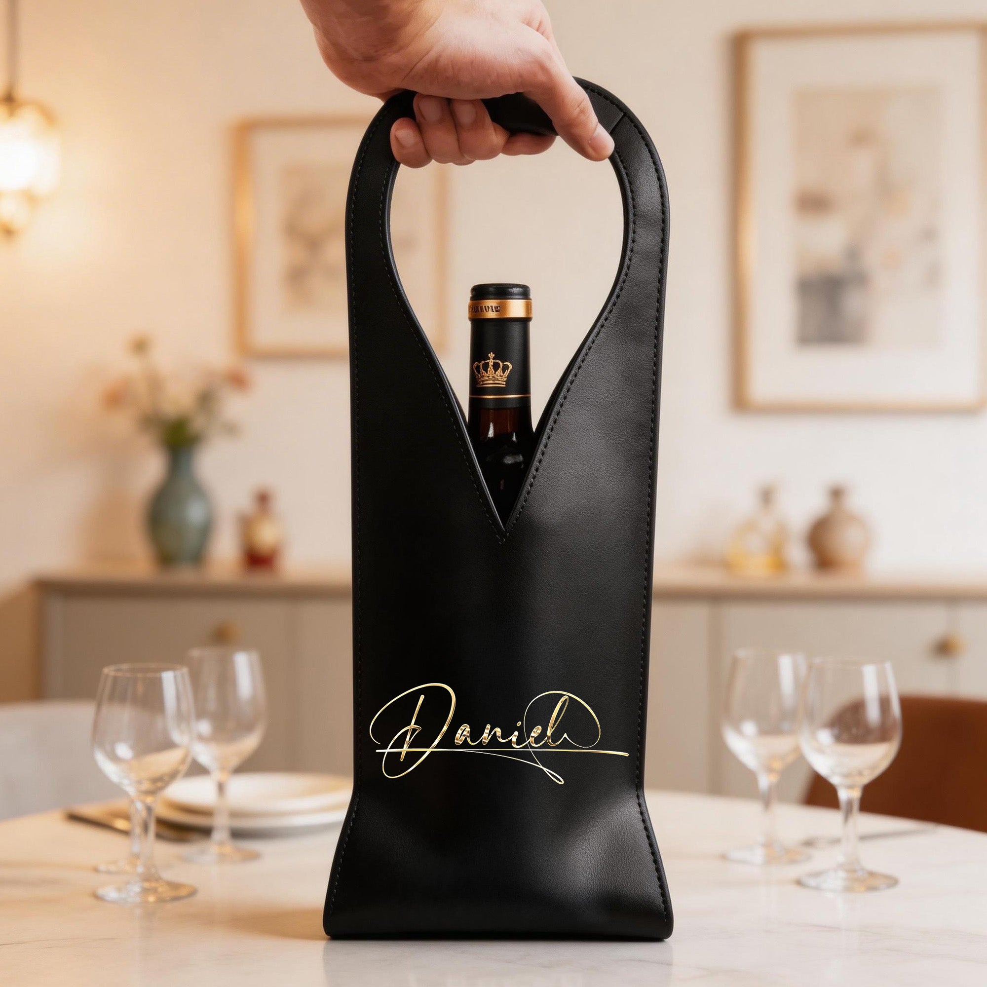 Personalizada de imitación de metal de diseño Nombre Bolsa de vino de cuero de la PU con asa de protección Accesorios de vino Cena Fiesta Regalo para los amantes del vino