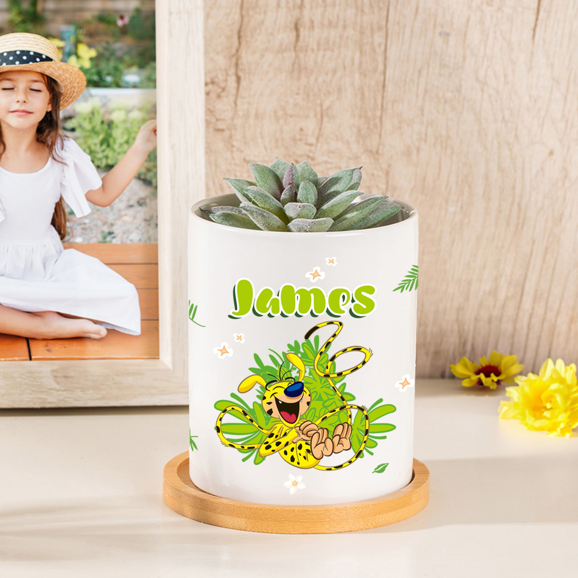 Marsupilami de cola larga personalizado Maceta de cerámica con bandeja de bambú Regalo de Navidad Cumpleaños para amigo Familia | Callie × Marsupilami