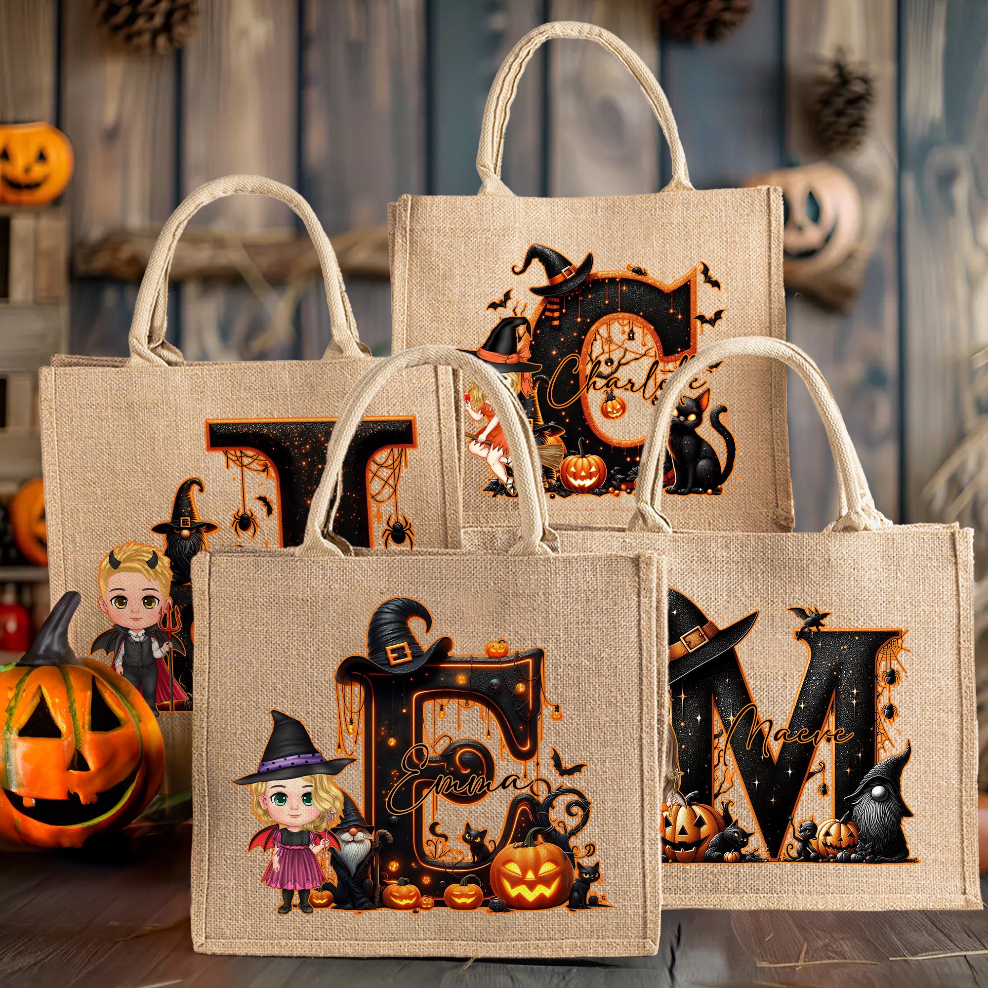 Personalizada Caricatura Bruja Vampiro Personaje Grande Bolsa de Yute con Inicial y Nombre Fiesta de Halloween Regalo para Mujeres Niños Niñas