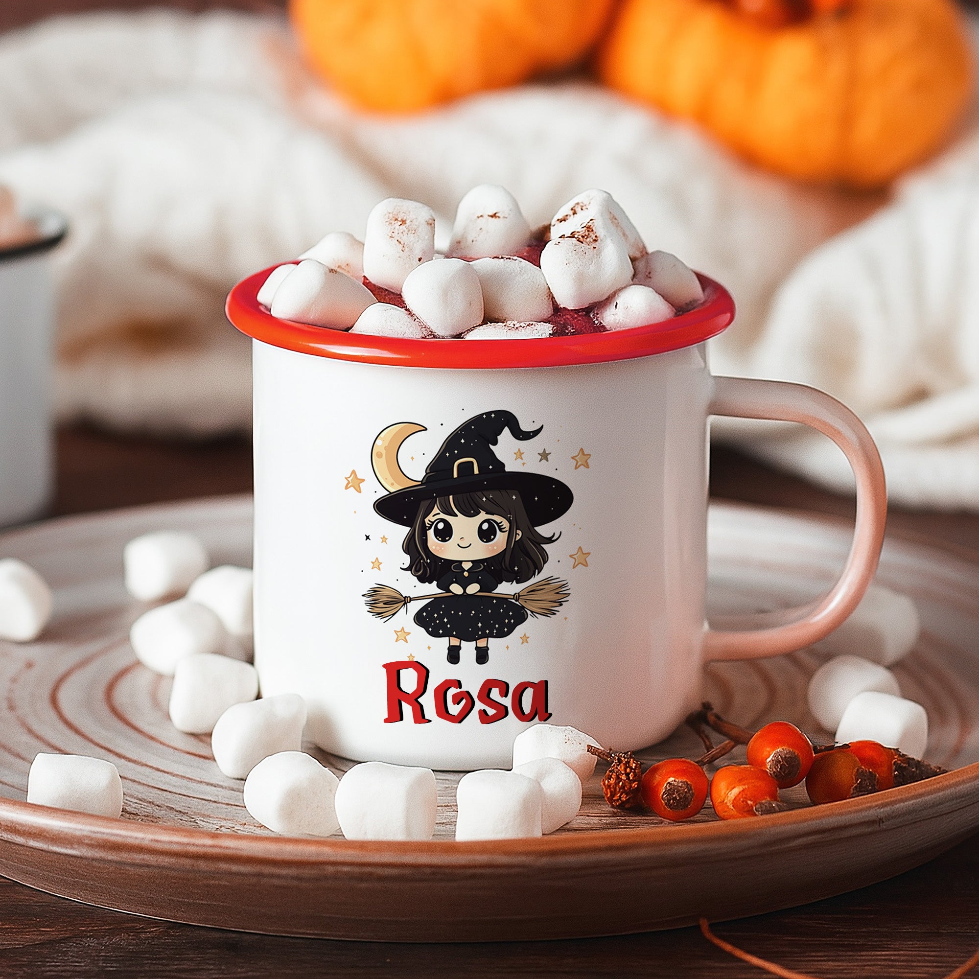 Taza de esmalte personalizada de 355 ml con bruja de dibujos animados regalo de Halloween para niños