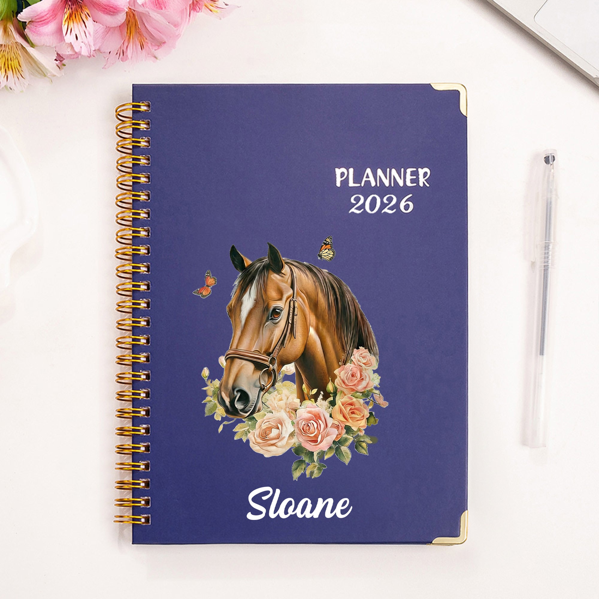 Planificador personalizado Horse Flower Butterfly 2026 Cuaderno de espiral A5 con nombre y páginas semanales, mensuales y planificadoras Regalo de cumpleaños para los amantes de los caballos