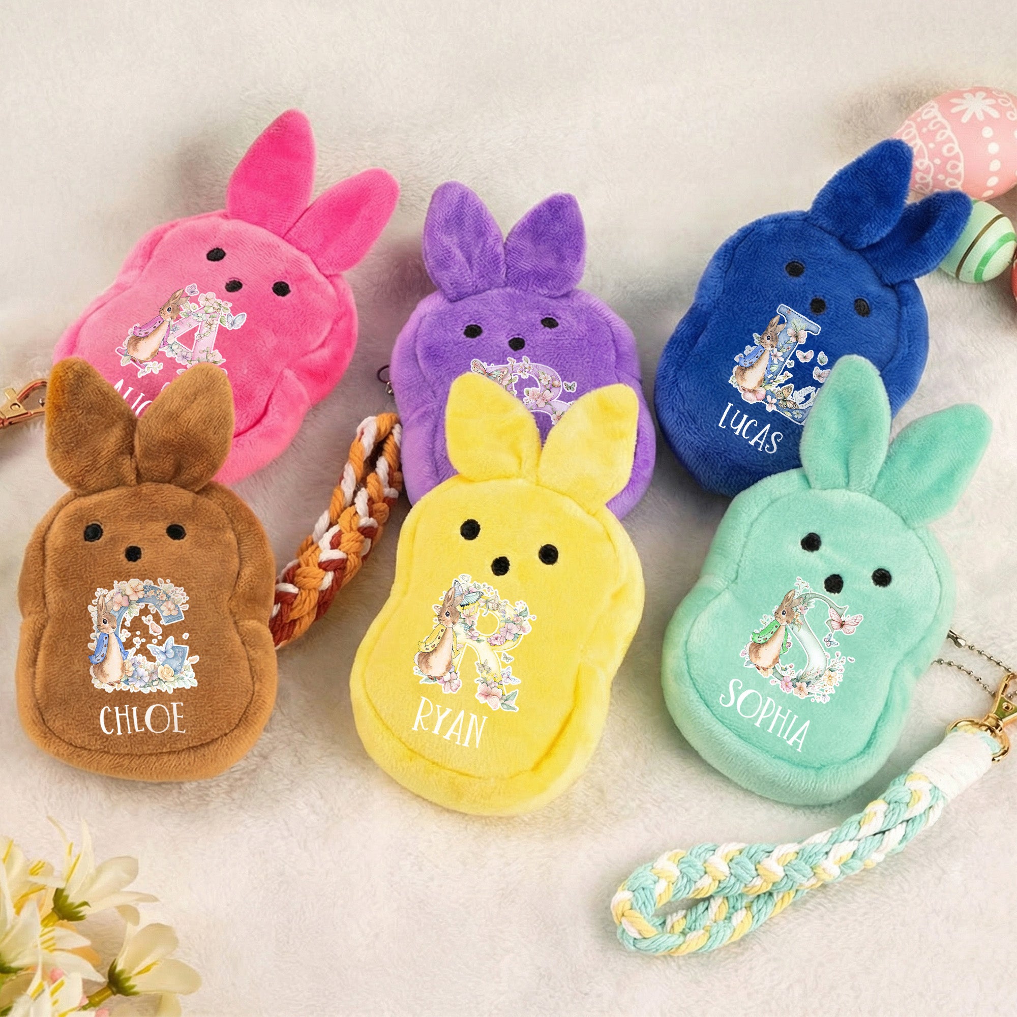 Personalizado Mini Lindo Peter Rabbit Flor Mariposa Inicial Cartera Monedero de felpa con nombre Pascua Cumpleaños Regalo para los niños