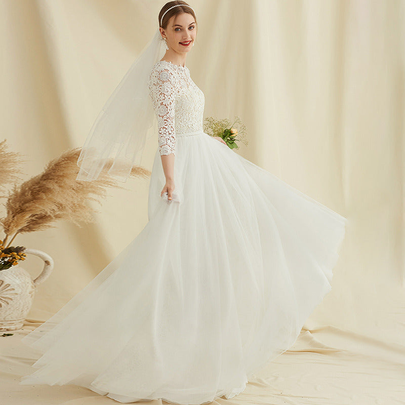 Bridal Wedding Dress White 3 4 Sleeve Long Scoop A-line