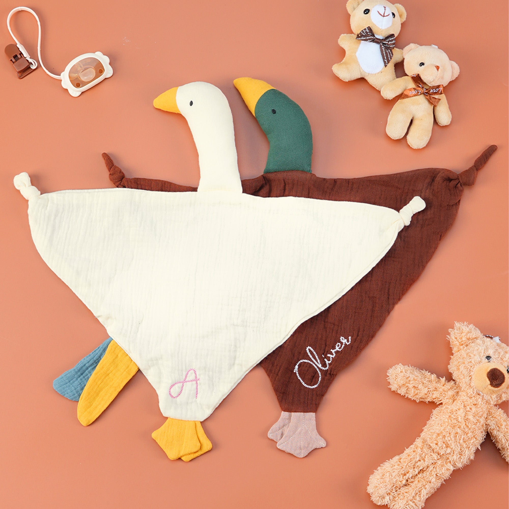 Personalizado lindo pato azulón ganso 100% algodón suave bebé manta de seguridad con nombre bordado cumpleaños Baby Shower regalo para recién nacido nueva mamá