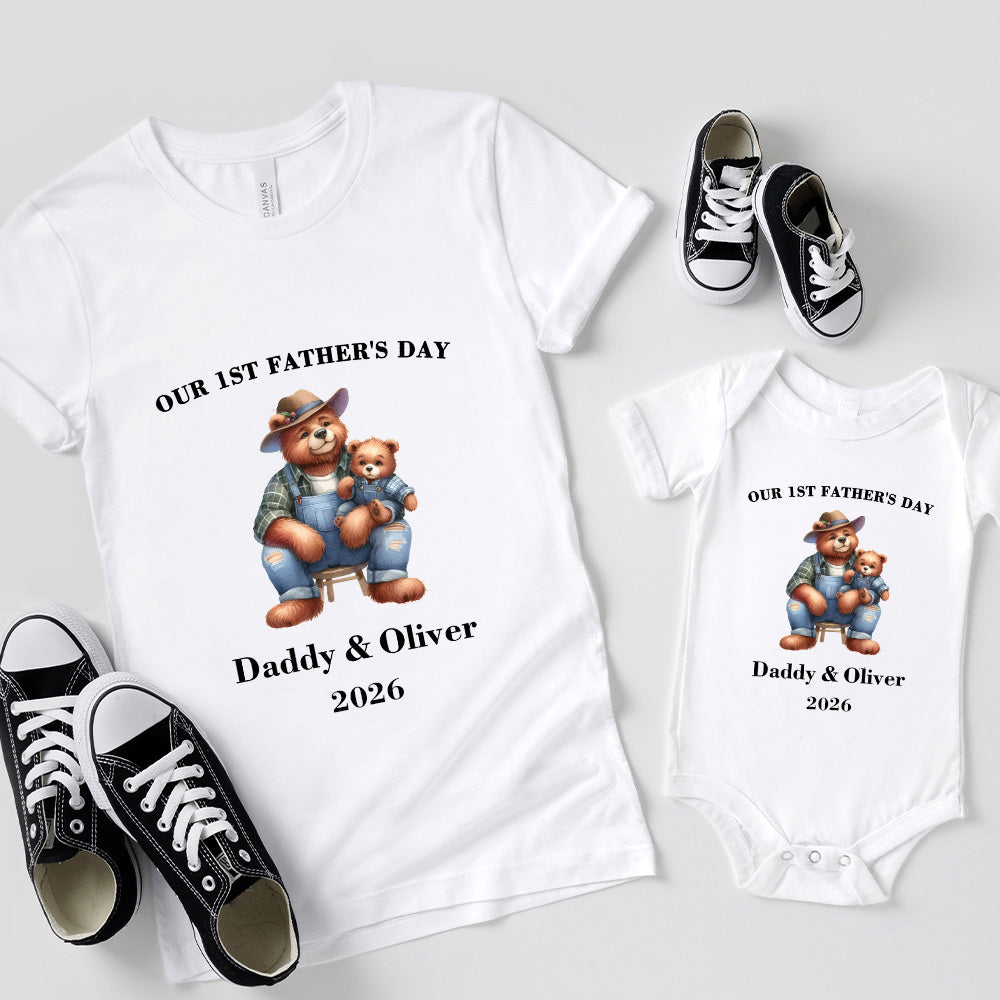 Personalizado lindo papá oso y bebé oso 100% algodón bebé body camiseta con nombre y año Nuestro 1er Día del Padre regalo para el bebé papá