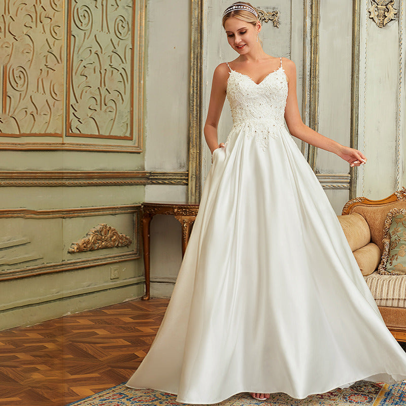 Bridal Wedding Dress Ivory Spaghetti Straps Long V-Neck Ball-Gown Princess