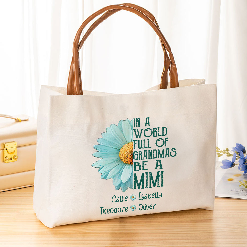 Bolsa de lona personalizada azul margarita de gran capacidad con 1-8 nombres y asa de piel Día de la Madre Cumpleaños para la abuela Mamá