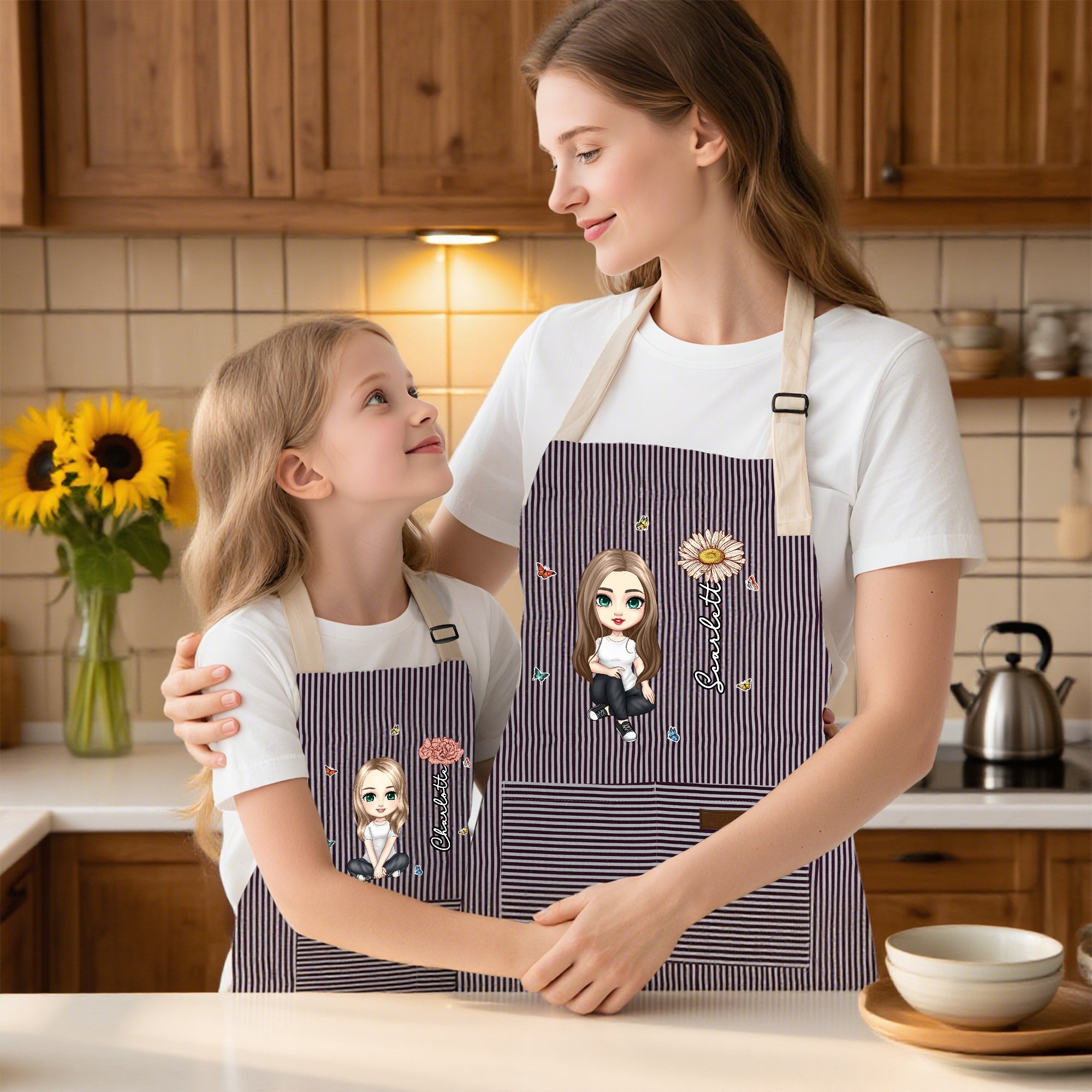 Delantal de repostería con nombre y bolsillo delantero Personalizado Flor de Nacimiento Personaje de dibujos animados Niño Adulto Regalo de cumpleaños para niños Familia